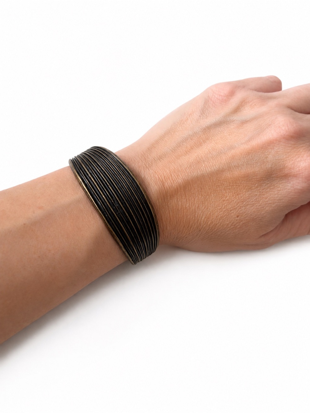 Vintage Style Black & Antique Gold Ribbed Wide Cuff Bracelet
